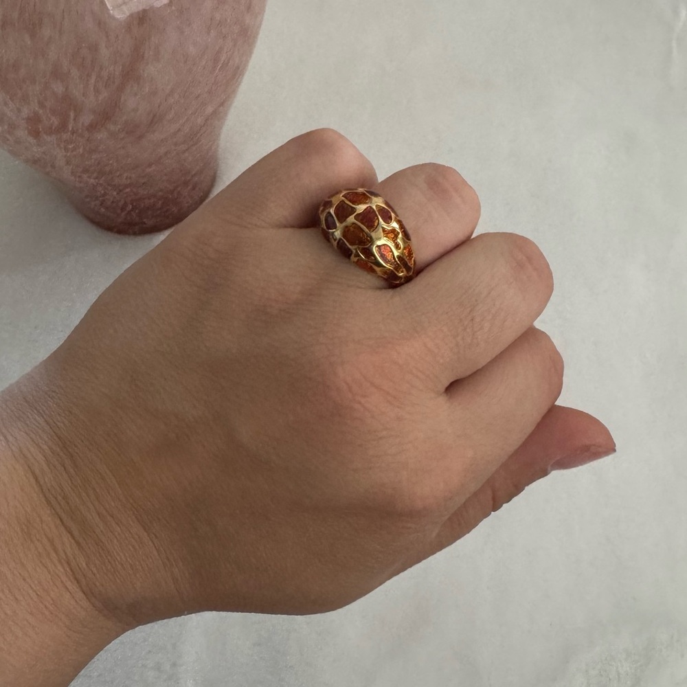 Vintage Joan Rivers Giraffe Animal Print Red Gold Tone Cocktail Dome Ring
